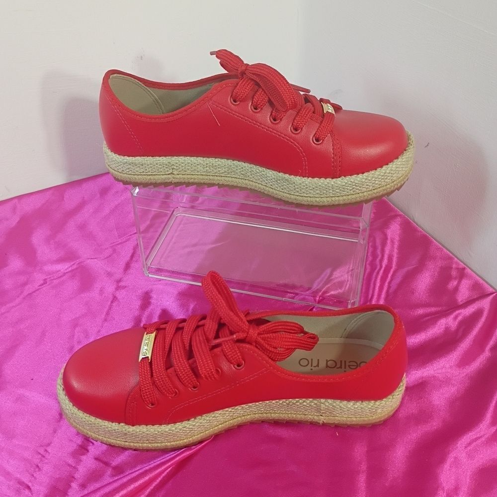 Beira Rio Lace Up Shoes Womens 7 Espadrilles Platforms Red Casual Brazilian.